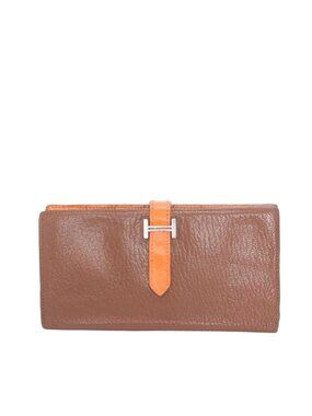 Hermes Bearn Souffle Leather Wallet Bifold Brown Silver